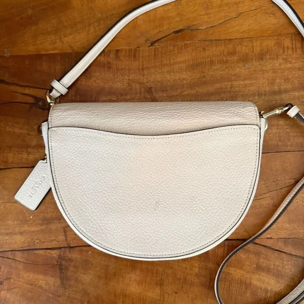 Coach Pebbled Leather Half Moon Saddle Crossbody Bag Chalk Cream Gold Hardware
